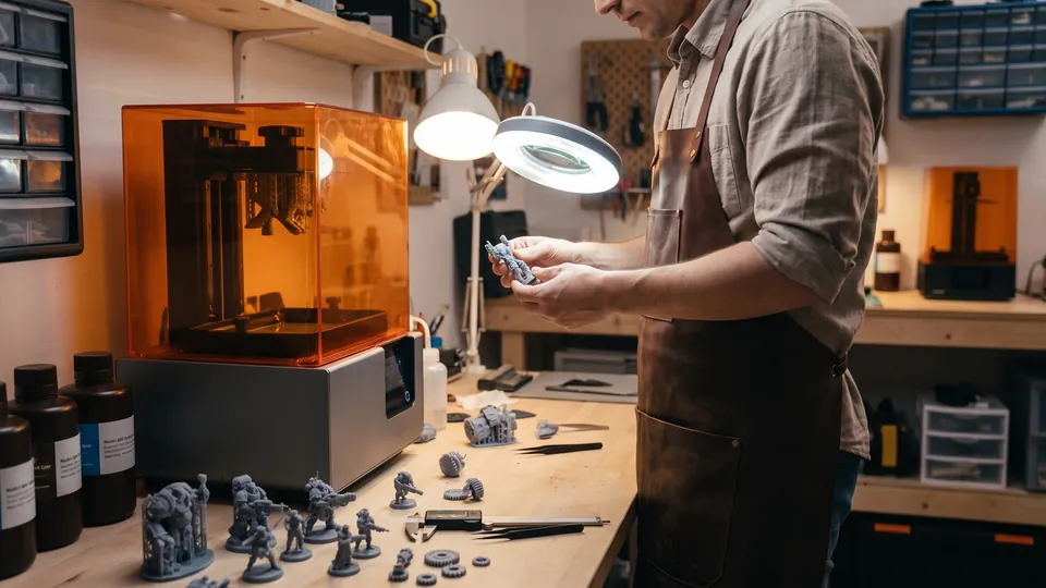 Maker checking a freshly printed miniature next to a resin printer