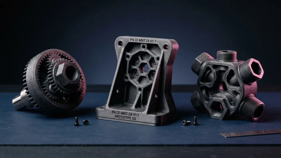 Three functional prototypes FDM-printed in carbon fibre: gear, bracket and fitting
